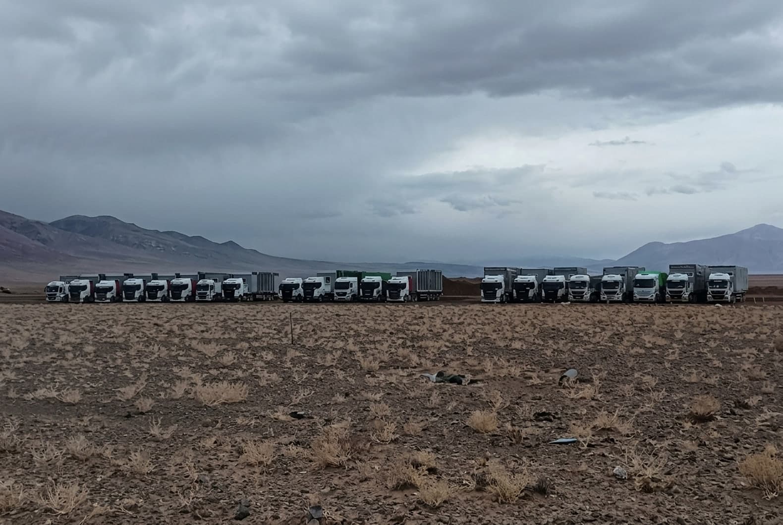 Formación de unidades de Logistic Solutions estacionadas en la puna, con la cordillera de fondo